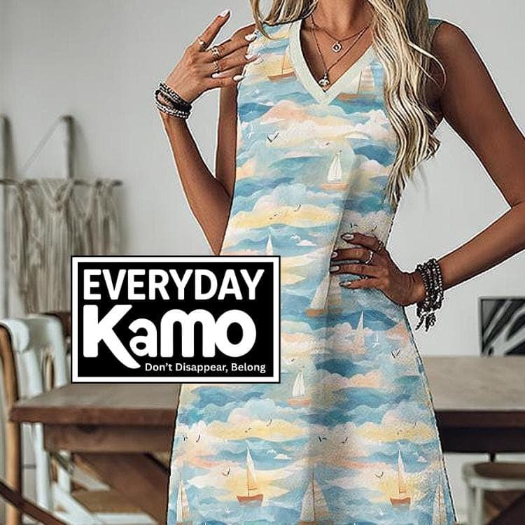 Summer Sailboat Maxi Dress, Women's V-Neck A-Line Vacation Dress, Nautical Print Sleeveless Sundress