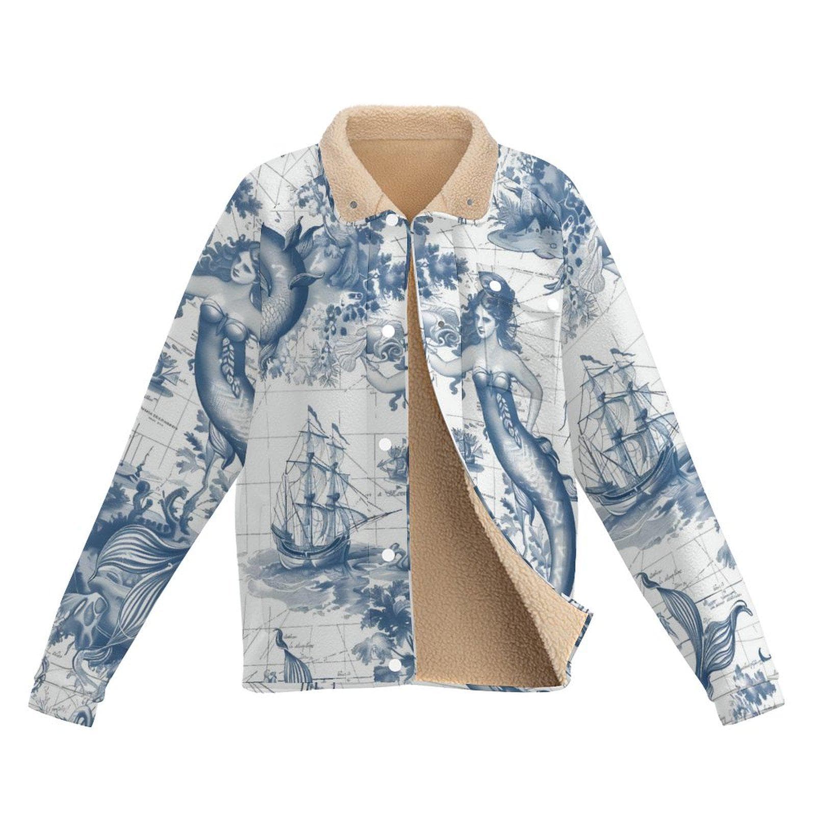 Coastal Explorer Mermaid Fleece Jacket - Nautical Map Toile Print Sherpa Lined Stand-Up Collar Cozy Outerwear