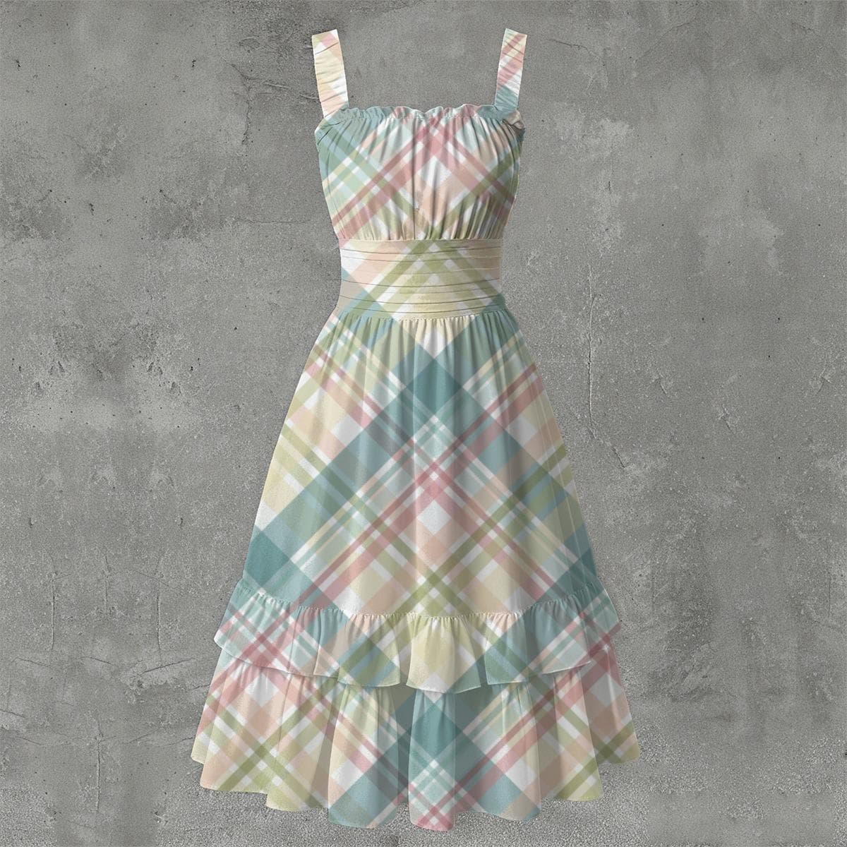 Pastel Plaid Ruffle Hem Summer Dress | Breathable Milk Silk Midi Dress | Beach Party Chic