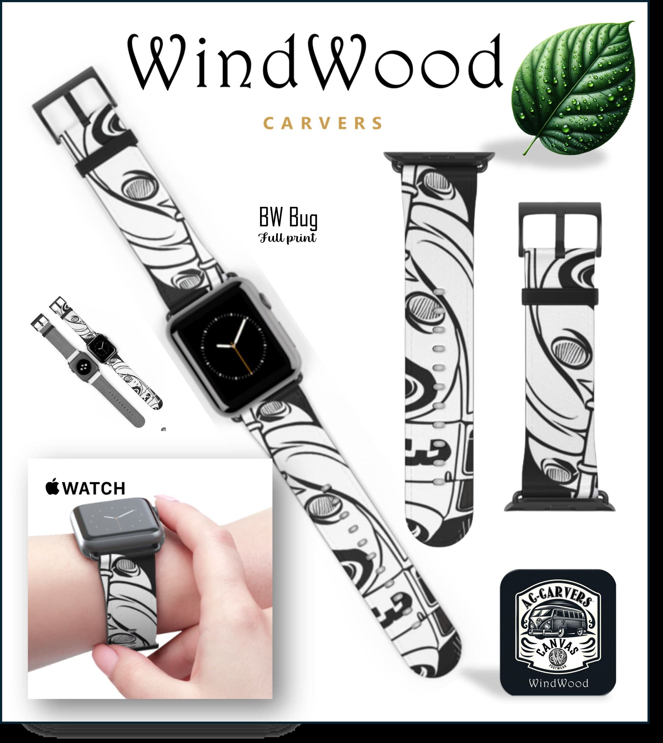Vintage VW Bug Apple Watch Band - Black White Retro Camper Print