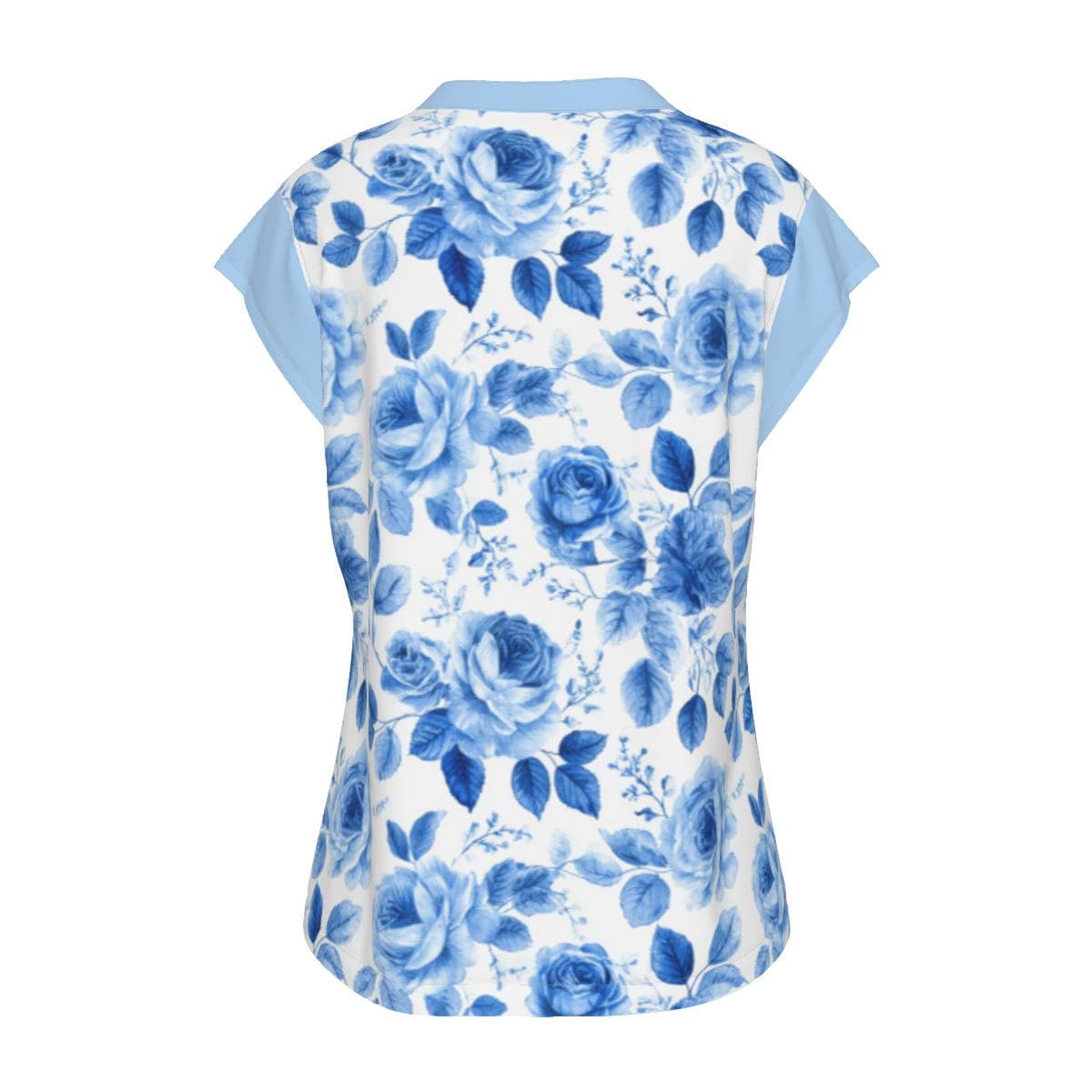 Elegant Blue Rose Floral V-Neck Top | Chic Summer Blouse | Women's Short Sleeve Tee