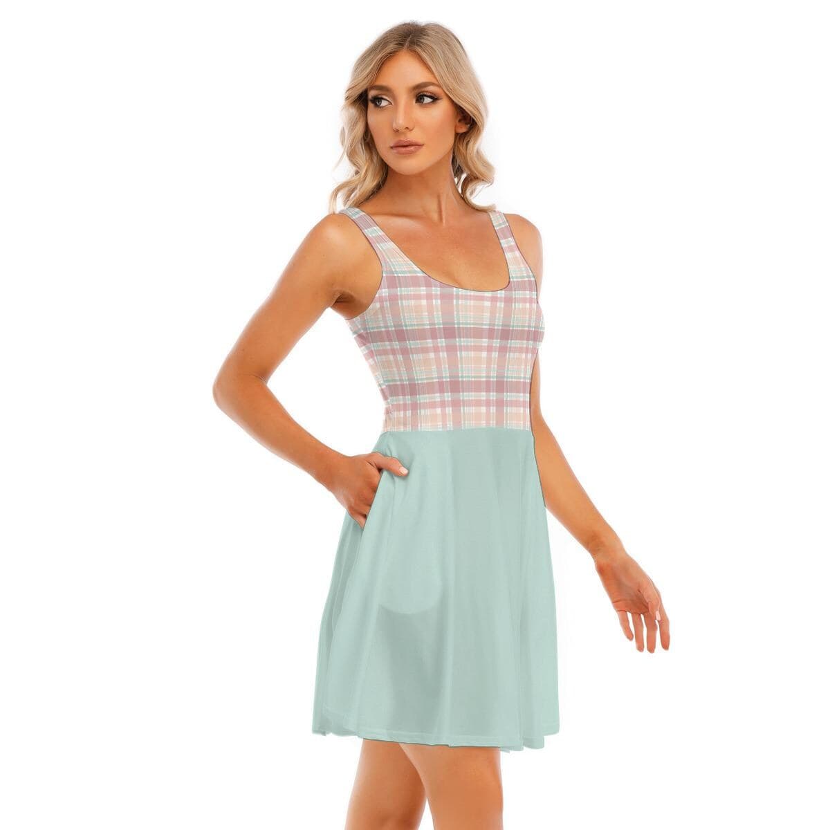 Charming Plaid & Pastel Skater Dress | Everyday Kamo Wide Strap Scoop Neck