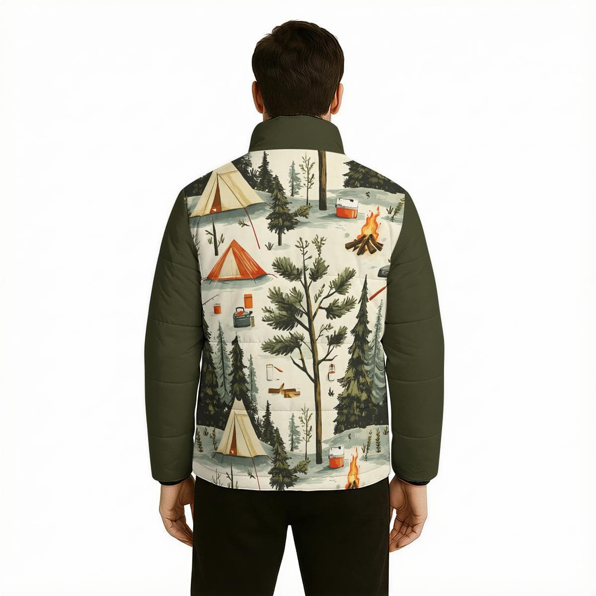 Wanderlust Camping Puffer Jacket | Women's Cozy Forest Print Quilted Coat | Nature Adventure Lightweight Outerwear