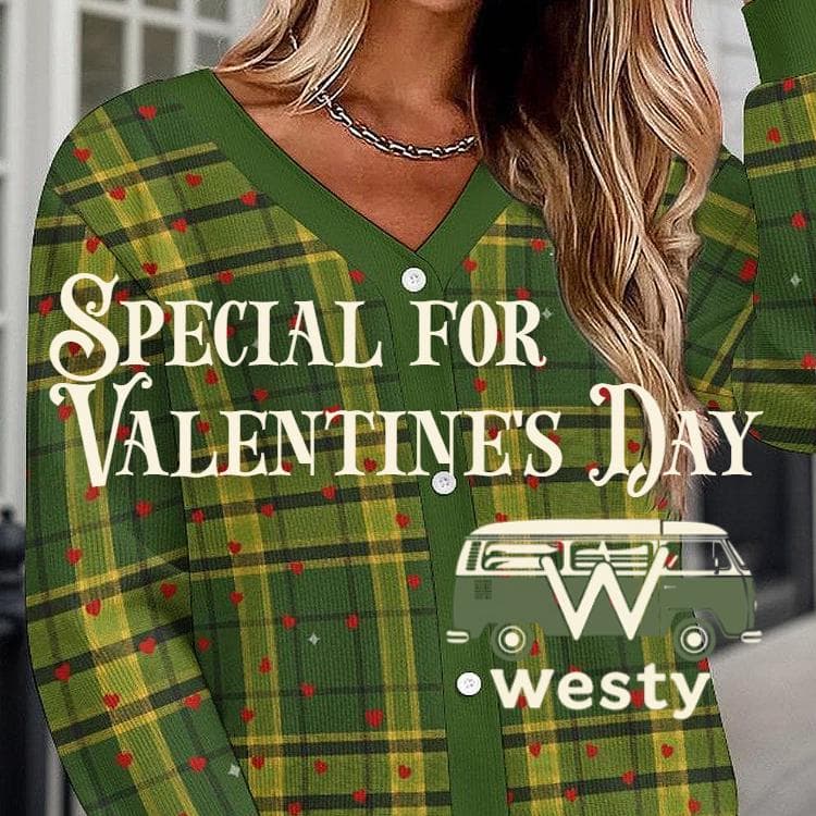 Cozy Plaid Button-Up Cardigan with Heart Accents - Warm & Stylish Knit Sweater