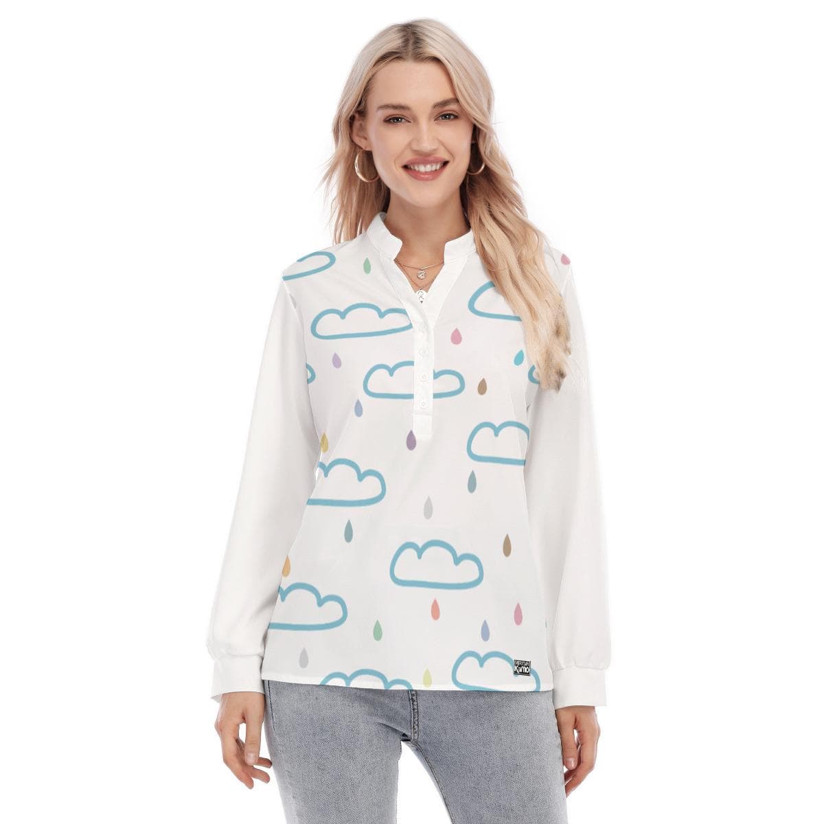 Cloud & Raindrop Blouse | Whimsical Button Up, Long Sleeve Top