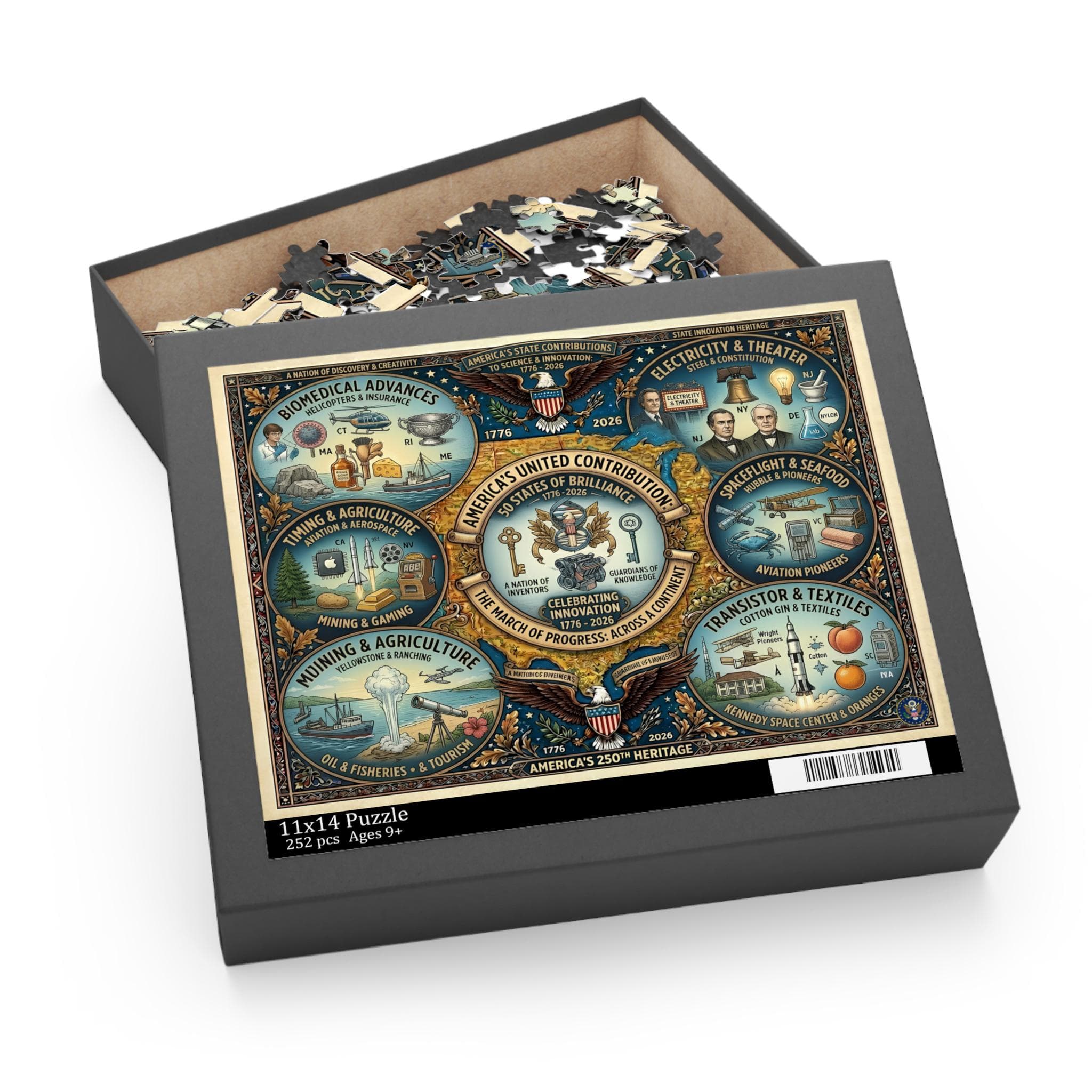 USA 250th Heritage Illustrated Puzzle | 252/500 Piece Chipboard | State Landmarks