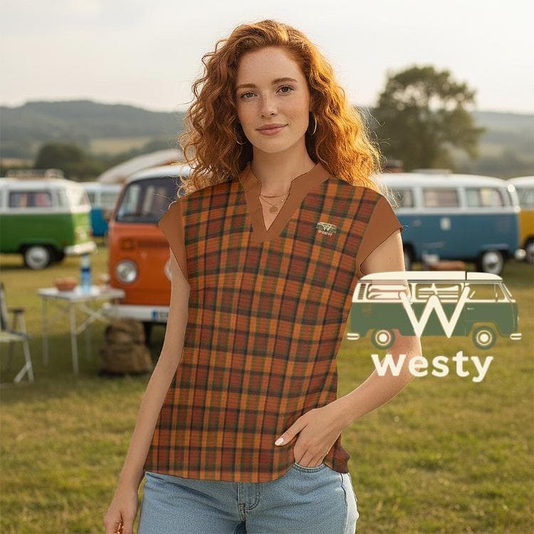 Westy Camper Van Plaid V-Neck Top - Road Trip Adventure Shirt