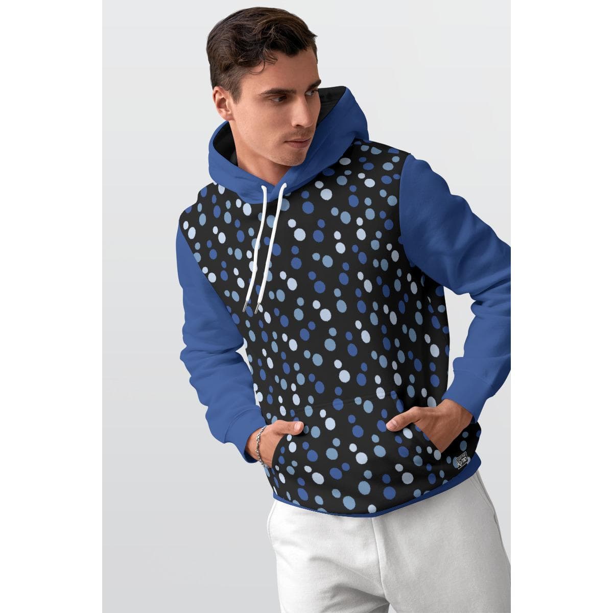 Vibrant Blue Polka Dot Hoodie | Men's Warm Fleece Lined Sweatshirt | Stylish Dot Pattern Pullover