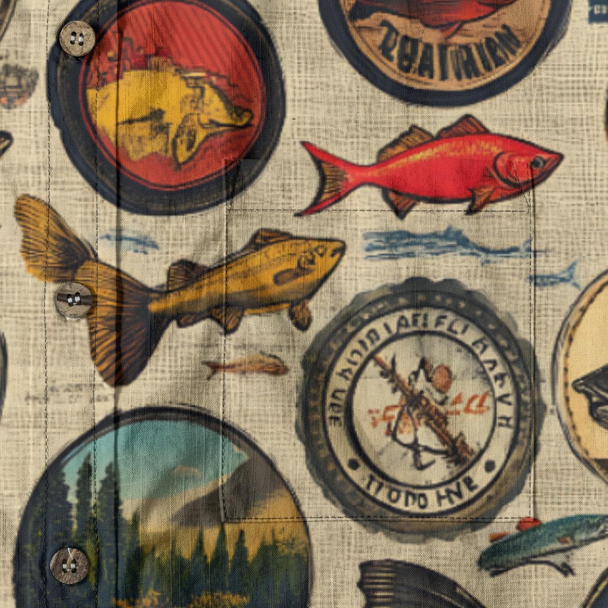 Vintage Fishing Print Slub Cotton Shirt | Hawaiian Outdoorsman Top