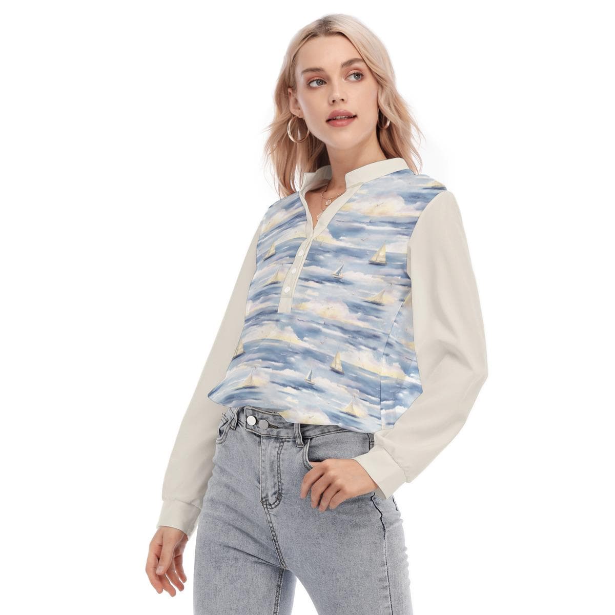 Sailboat Print Henley Top | Nautical Long Sleeve Blouse