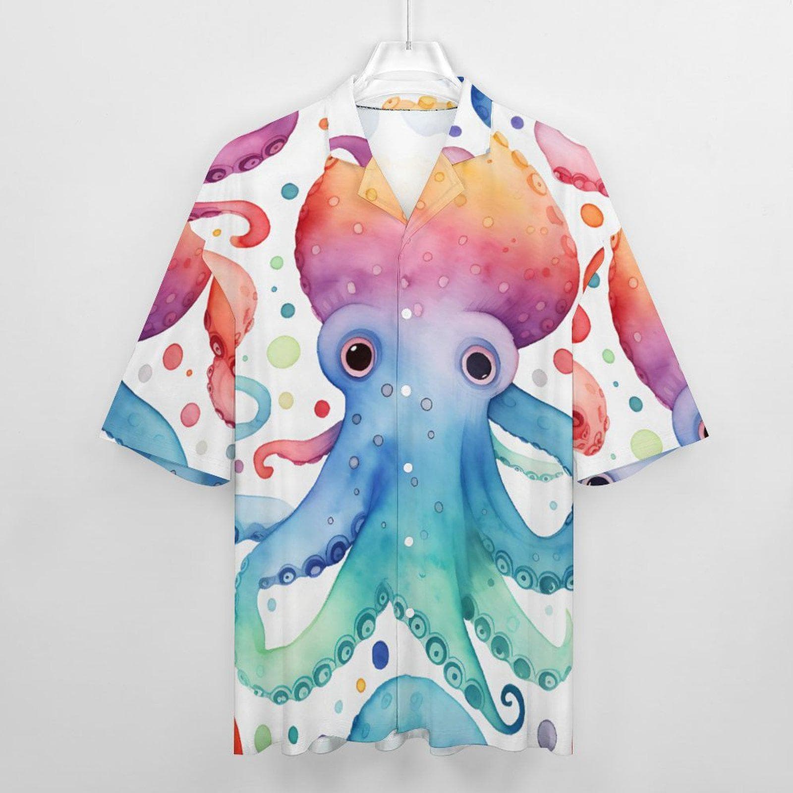 Vibrant Watercolor Octopus Men's Hawaiian Shirt | Unique Cuban Collar Aloha Summer Top
