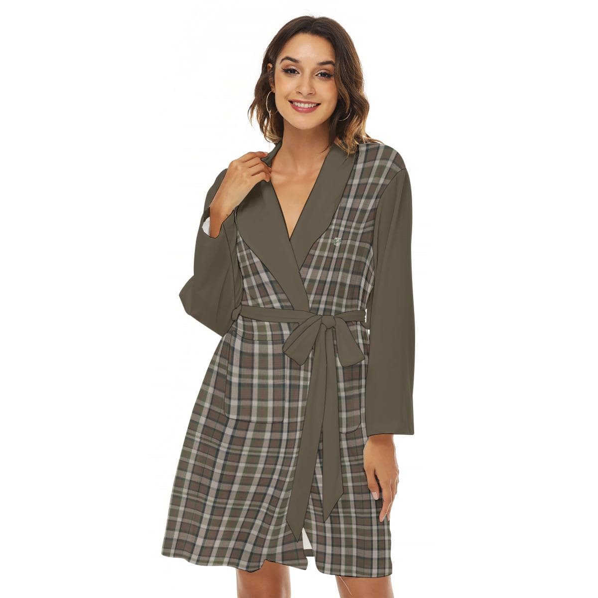 Brown Plaid Jersey Robe | Cozy Loungewear Kimono with Pockets