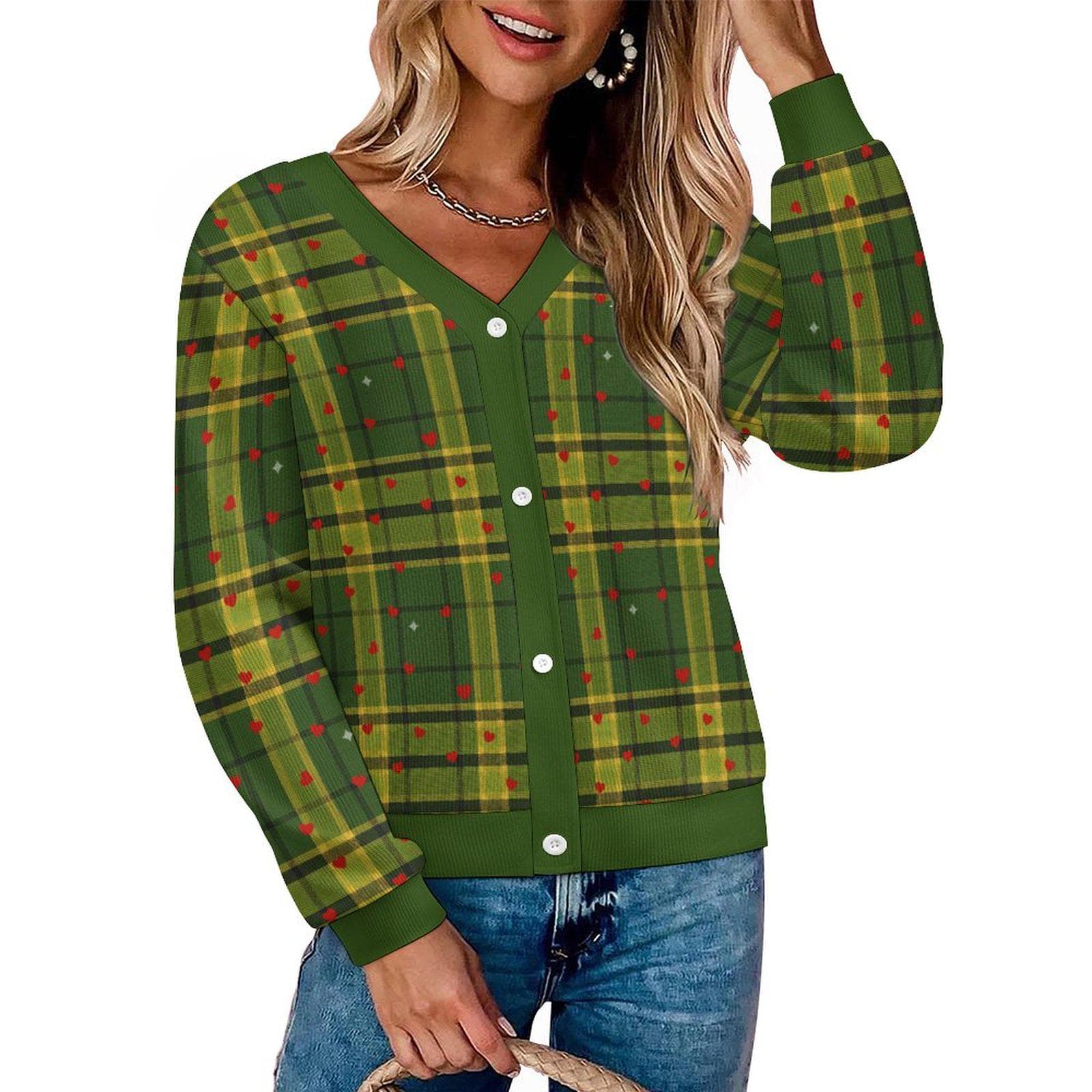 Cozy Plaid Button-Up Cardigan with Heart Accents - Warm & Stylish Knit Sweater