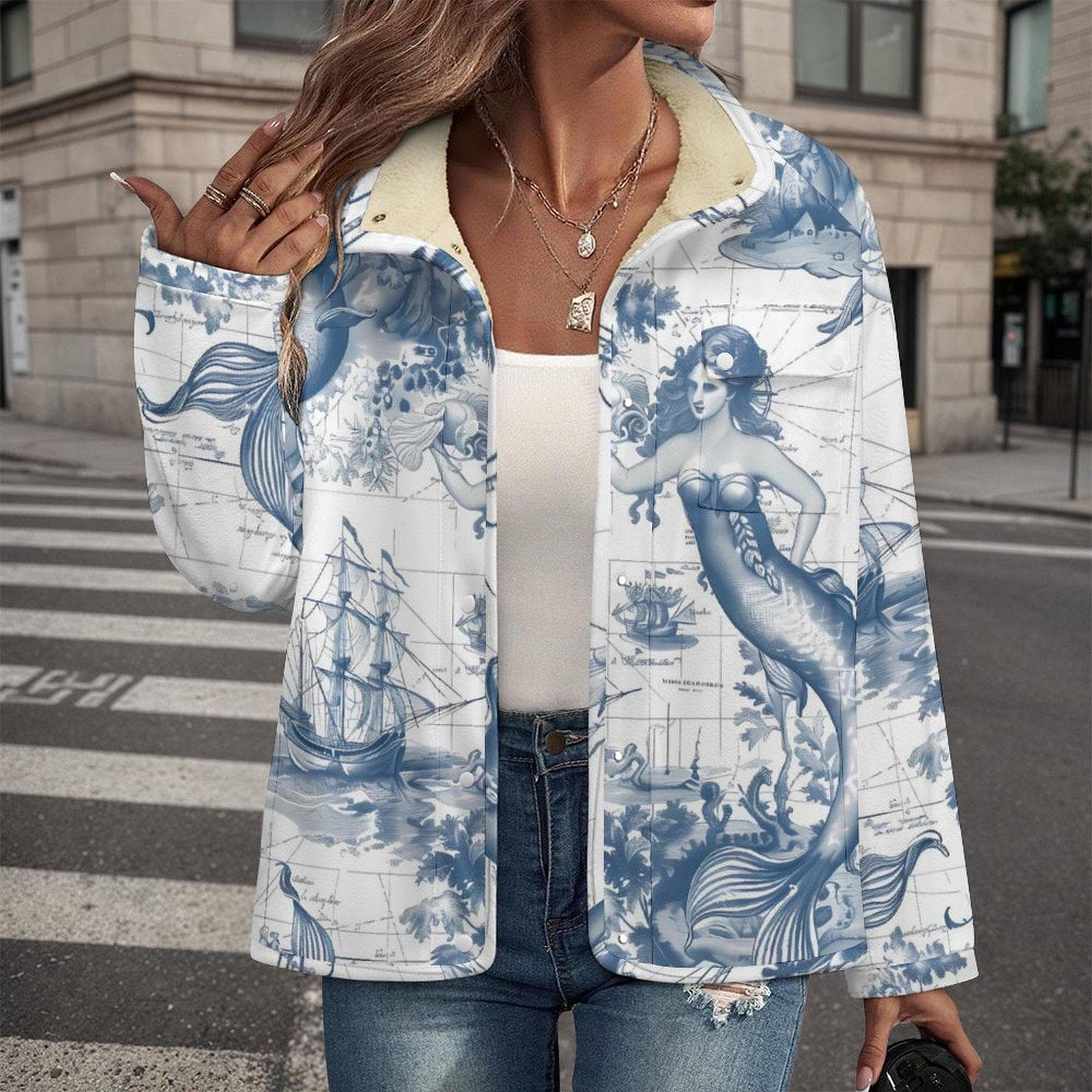 Coastal Explorer Mermaid Fleece Jacket - Nautical Map Toile Print Sherpa Lined Stand-Up Collar Cozy Outerwear