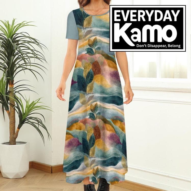 Watercolor Wanderlust Maxi Dress - Abstract Leaf Print Flowy Casual Gown - Comfortable Everyday Summer Dress