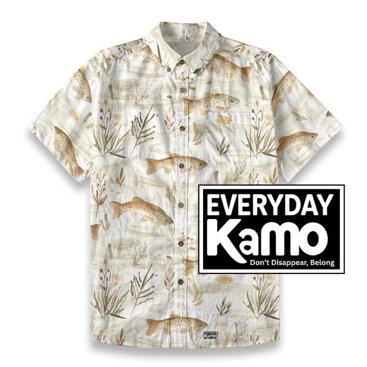 Effortless Elegance Trout Print Button-Up Shirt | Men's Fishing Slub Cotton Short Sleeve