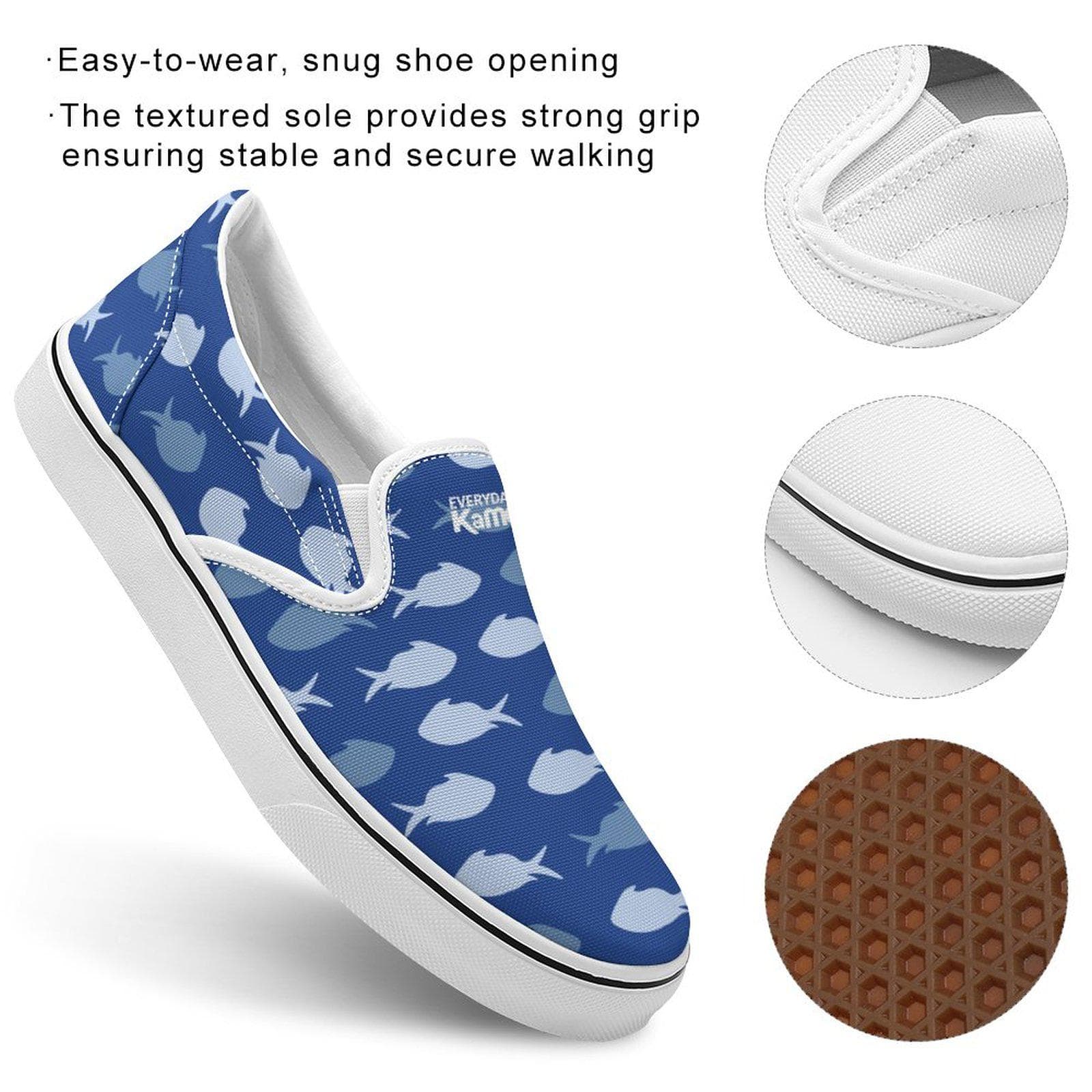Everyday Kamo "School of Fish" Blue Canvas Slip-On Shoes | Unisex Casual Sneakers