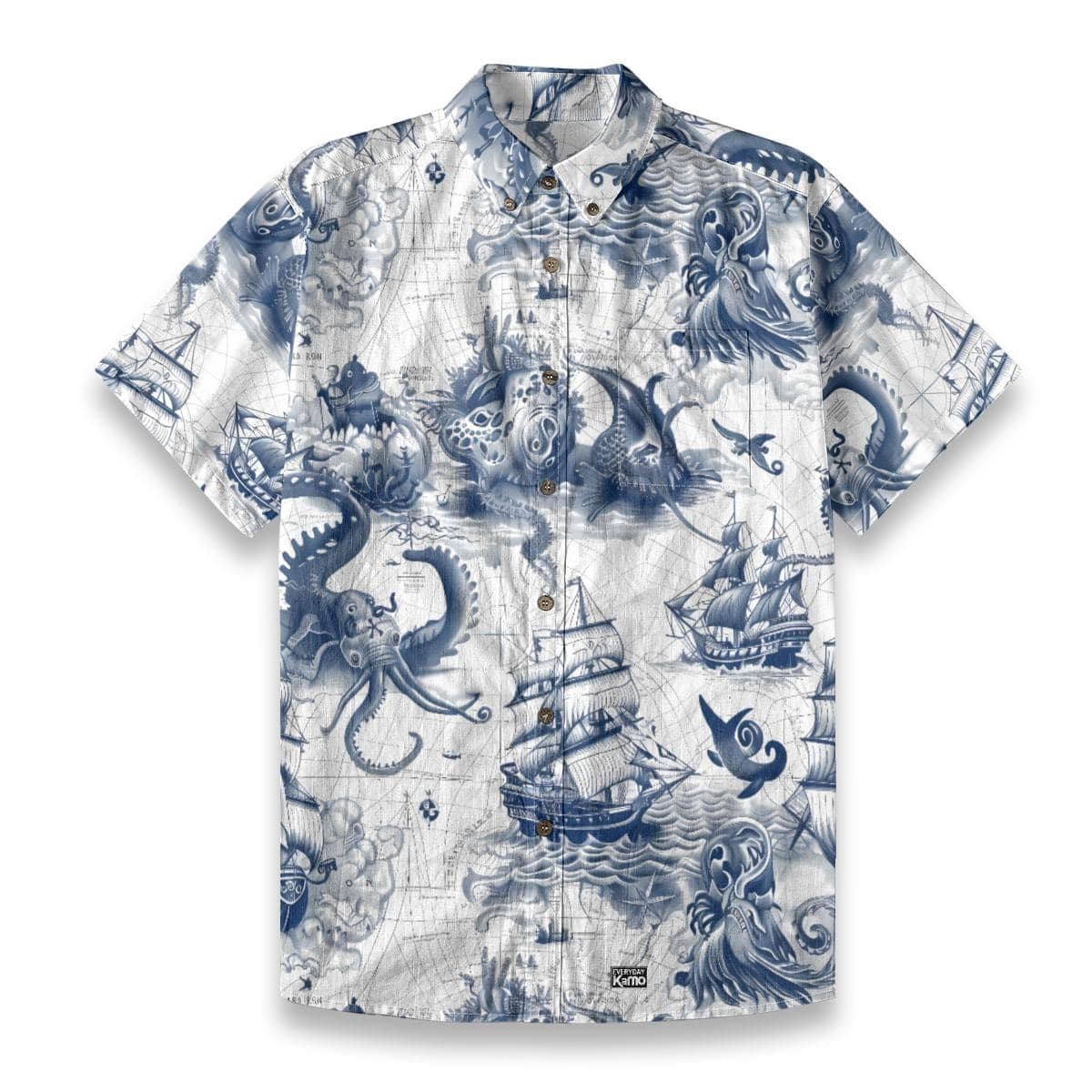 Kraken & Sea Monster Map Hawaiian Shirt | Vintage Nautical Pirate Cotton Button-Up for Men