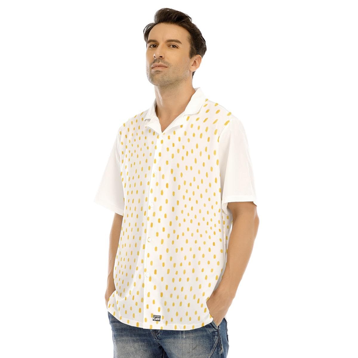 Men's Abstract Gold Dash Camp Collar Shirt | Short Sleeve Button Up | Lightweight Summer Vacation Top | Breathable Polyester Spandex