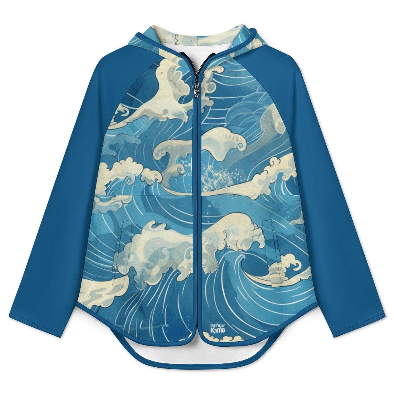 Everyday Kamo Great Wave Full-Zip Fleece Hoodie | Japanese Art Ocean Print Slim-Fit Jacket | Cozy Warm Zip Up Outerwear