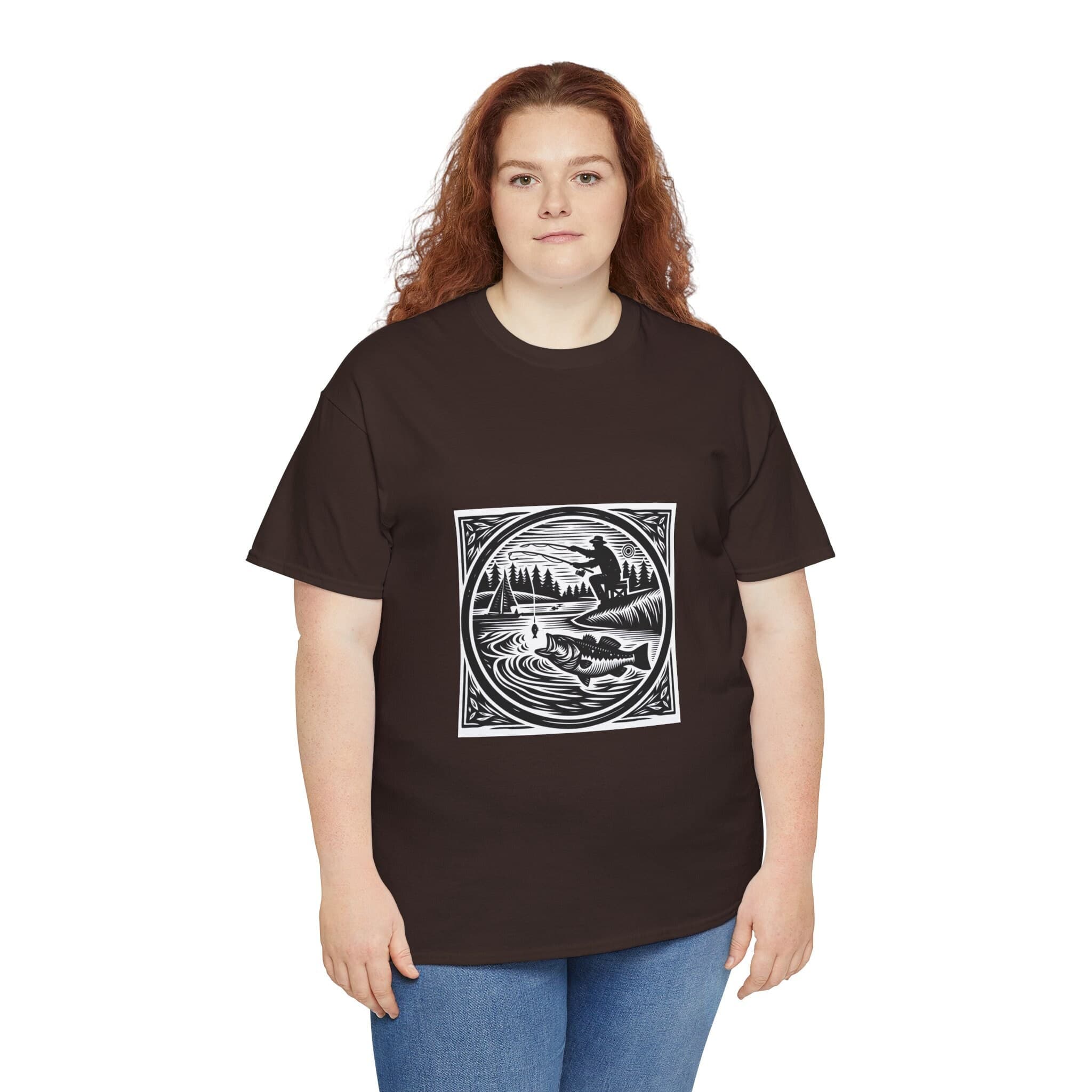 Fishing Woodcut Print T-Shirt | Bass Angler Tee | Vintage Black & White