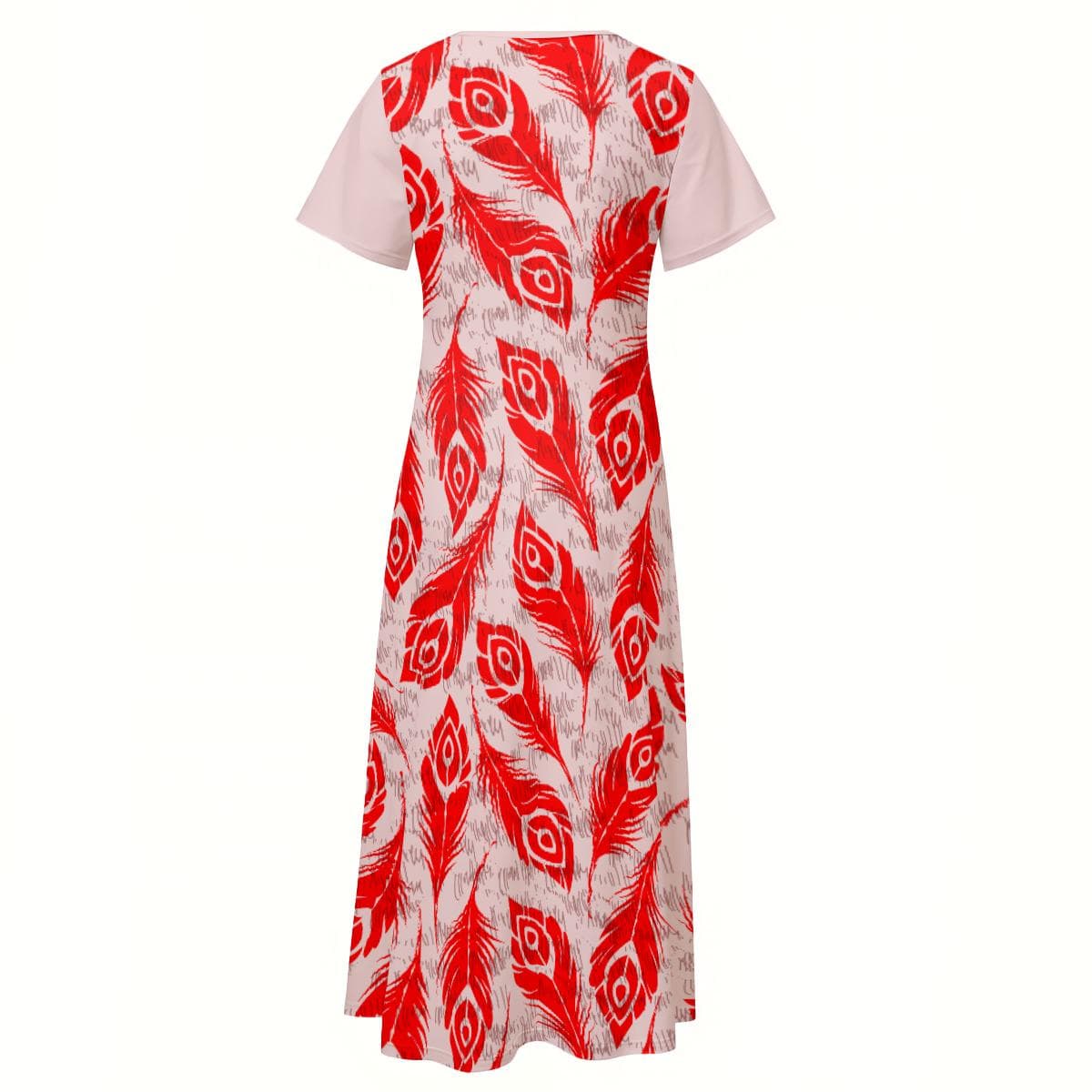 Boho Feather Print Maxi Dress | V-Neck Beach Cover Up | Soft Jersey Summer Dress with Side Slits