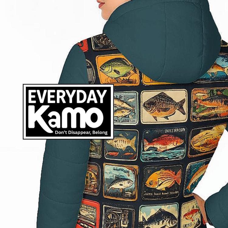 Vintage Fish Art Puffer Jacket | Hooded Fishing Enthusiast Outerwear | Unique Angler Gift