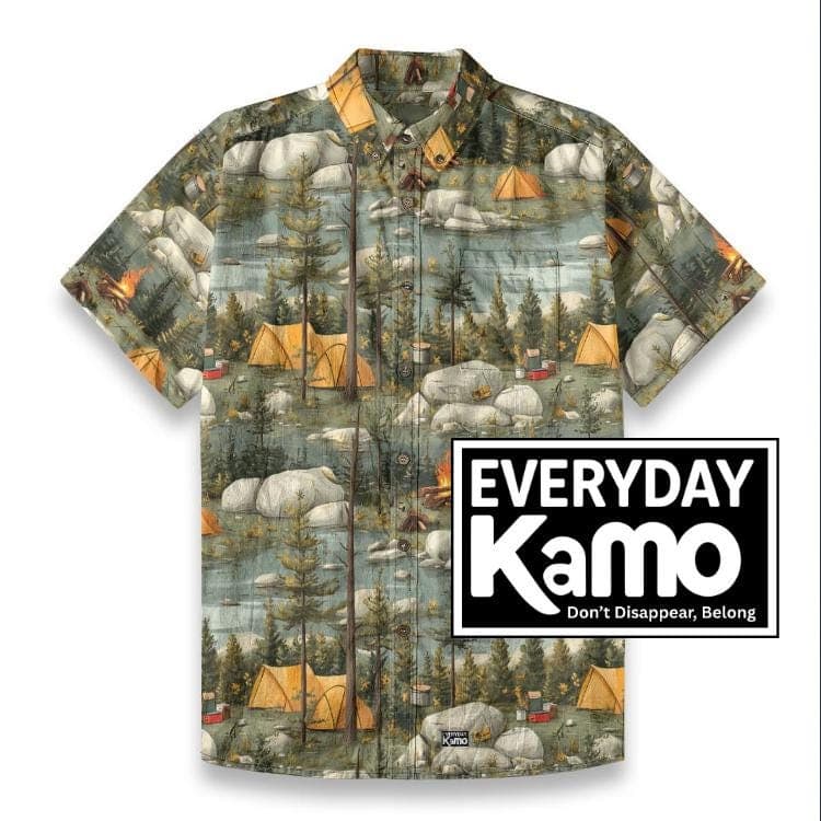Men's Camping Scene Button Down Shirt | Slub Cotton Short Sleeve Top