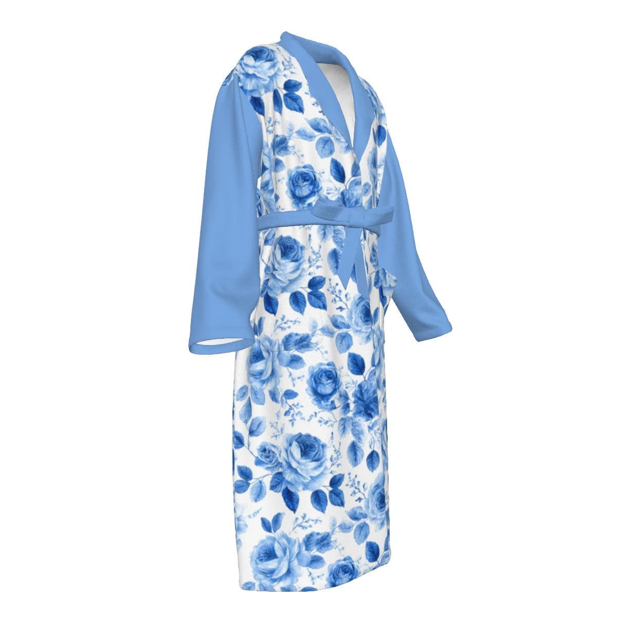 Blue Rose Floral Jersey Robe | Women's Cozy Loungewear Bathrobe with Pockets & Tie
