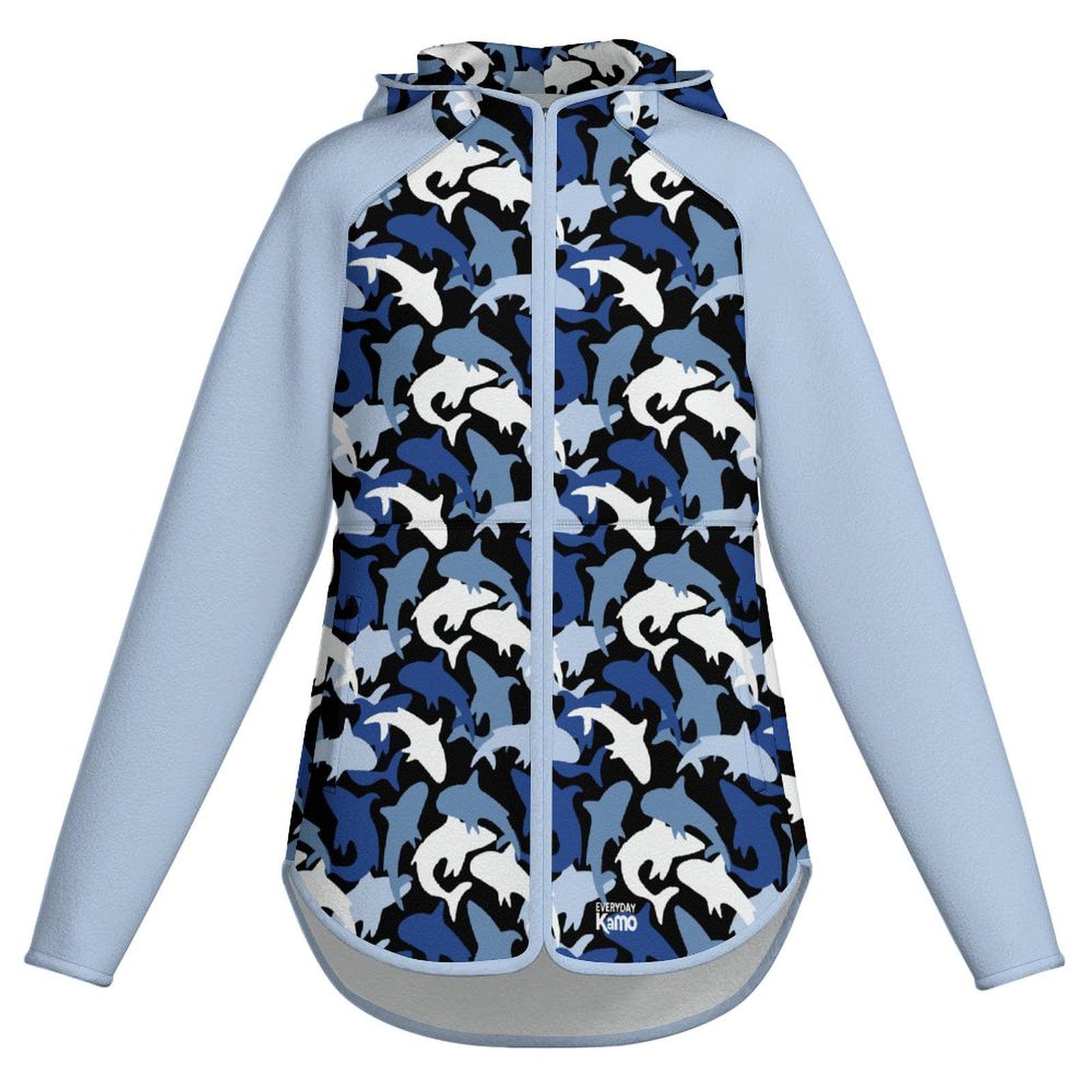 Shark Camo Full-Zip Fleece Jacket | Blue Ocean Pattern Hooded Slim Fit Warm Hoodie