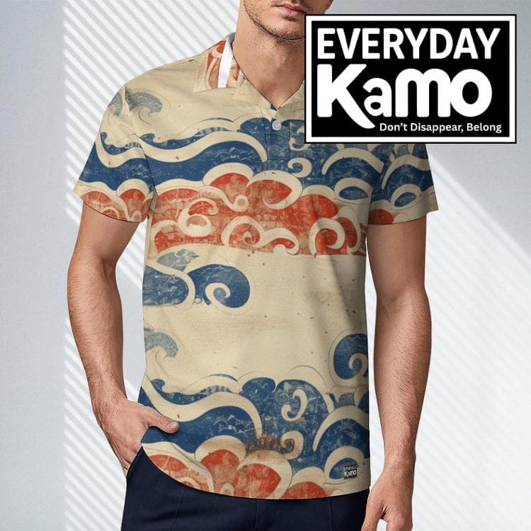 Everyday Kamo Men's Japanese Wave Cotton Polo Shirt - Stylish Distressed Ocean Print Short Sleeve Top
