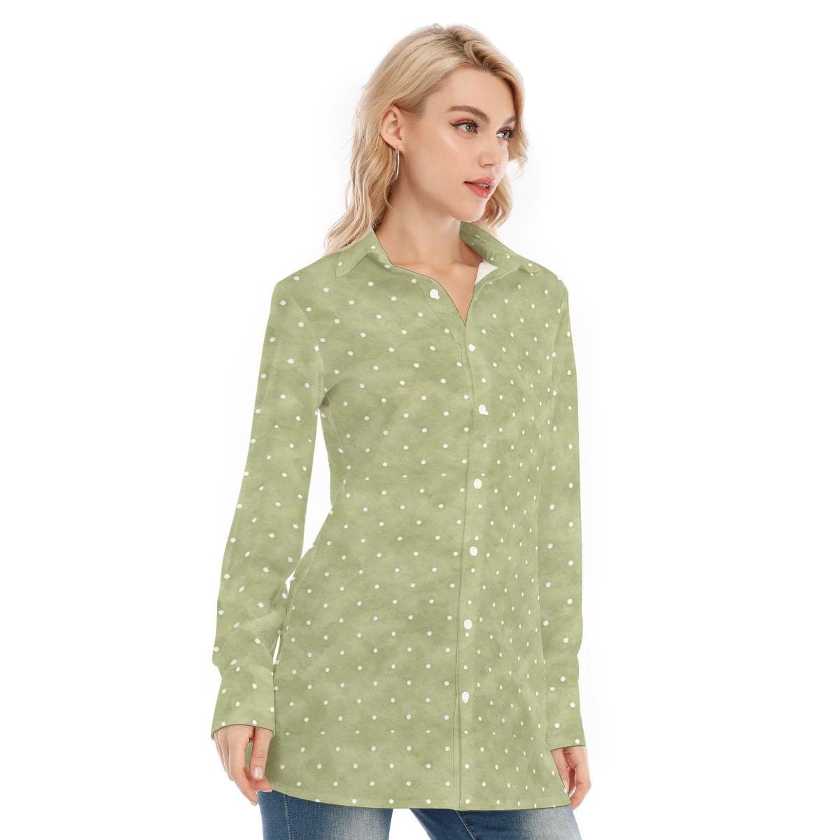 Sage Green Polka Dot Cotton Stretch Tunic Shirt Women's Button Down Top
