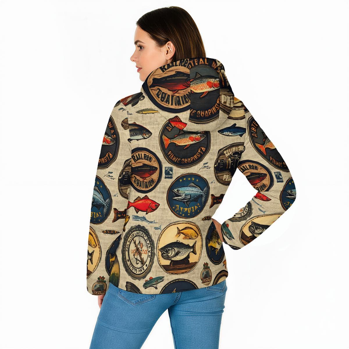 Vintage Fishing Print Puffer Jacket | Angler Hooded Windbreaker | Women's Unique Fish Pattern Winter Coat