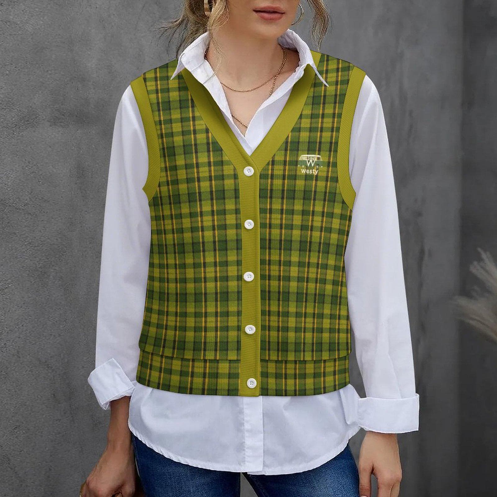 Westy Green Plaid Cardigan Vest - Vintage-Inspired Sleeveless Sweater for Van Life Souls