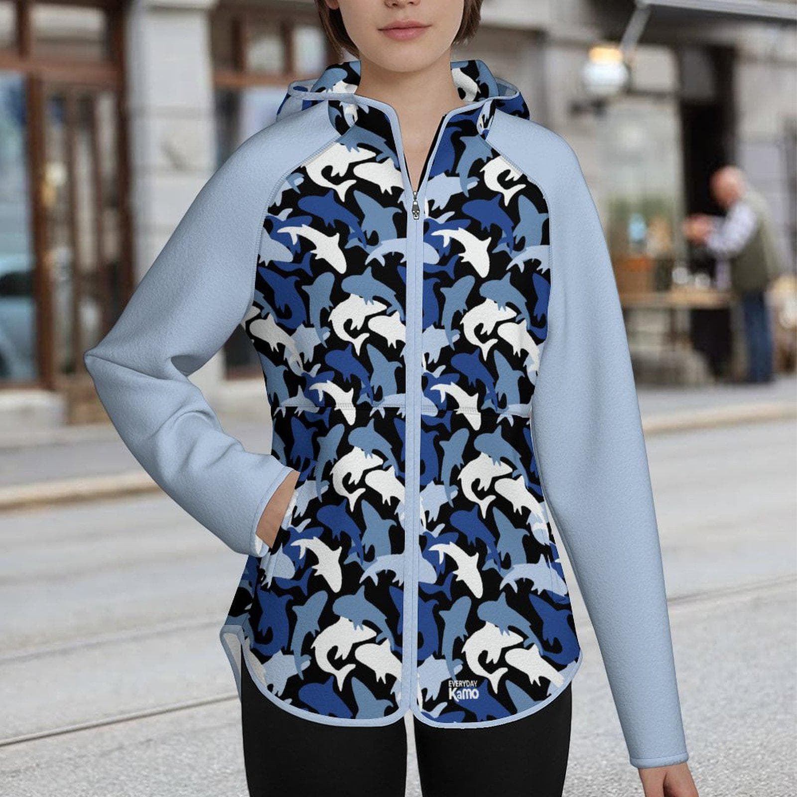 Shark Camo Full-Zip Fleece Jacket | Blue Ocean Pattern Hooded Slim Fit Warm Hoodie