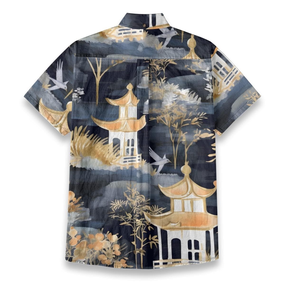 Mens Japanese Pagoda Crane Slub Cotton Shirt | Aloha Resort Wear