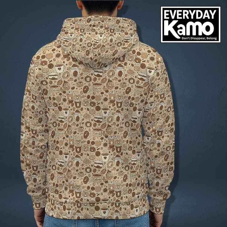 Cozy Coffee & Donut Full Zip Hoodie | Fur Lined Anti-Pill Fleece Jacket | Unique Food Pattern Hooded Sweatshirt