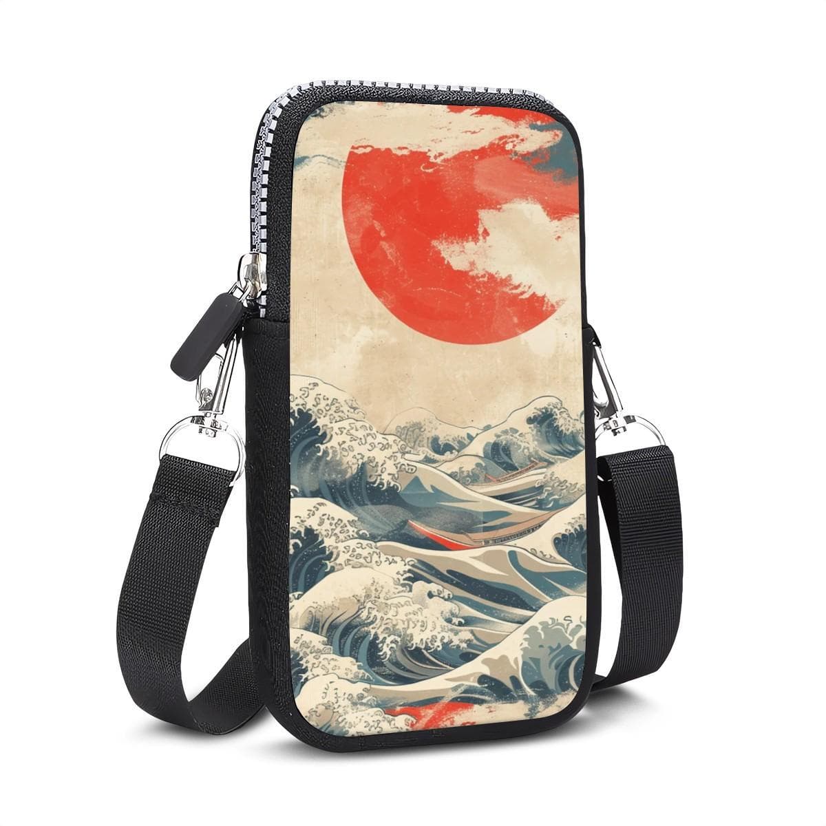 The Great Wave Neoprene Crossbody Phone Bag - Japanese Art Cell Pouch, Hokusai Style Minimalist Travel Wallet