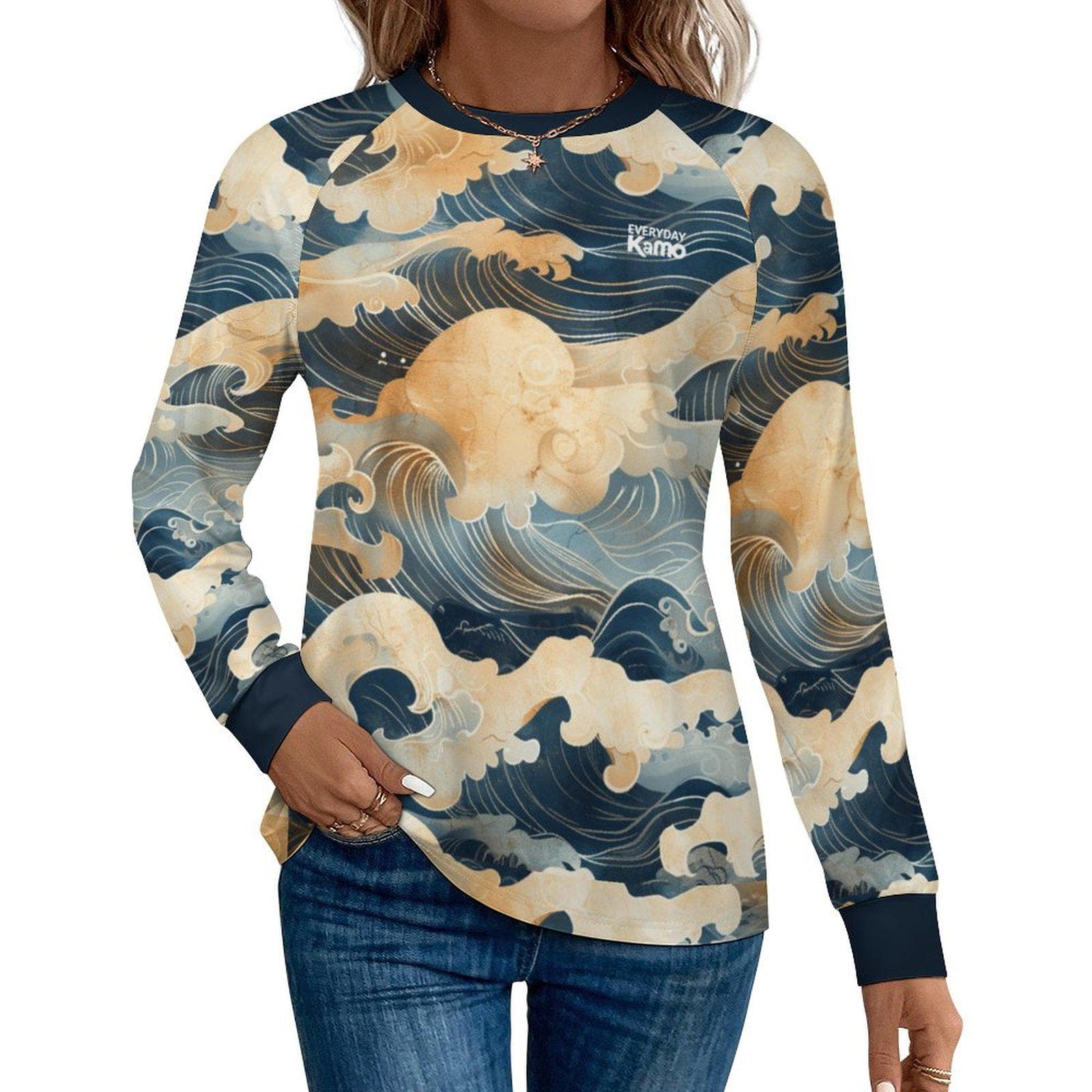 Everyday Kamo Women's Ocean Wave Long Sleeve Quick Dry UPF 50+ T-Shirt - Cool Touch Sun Protection Top