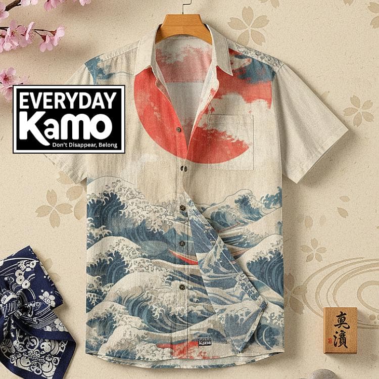 The Great Wave Off Kanagawa Art Shirt | Hokusai Ukiyo-e Japanese Print Cotton Button-Down | Ocean Waves Summer Top
