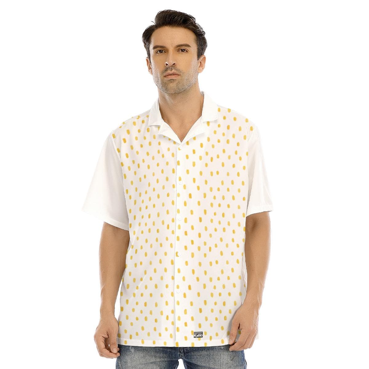 Men's Abstract Gold Dash Camp Collar Shirt | Short Sleeve Button Up | Lightweight Summer Vacation Top | Breathable Polyester Spandex