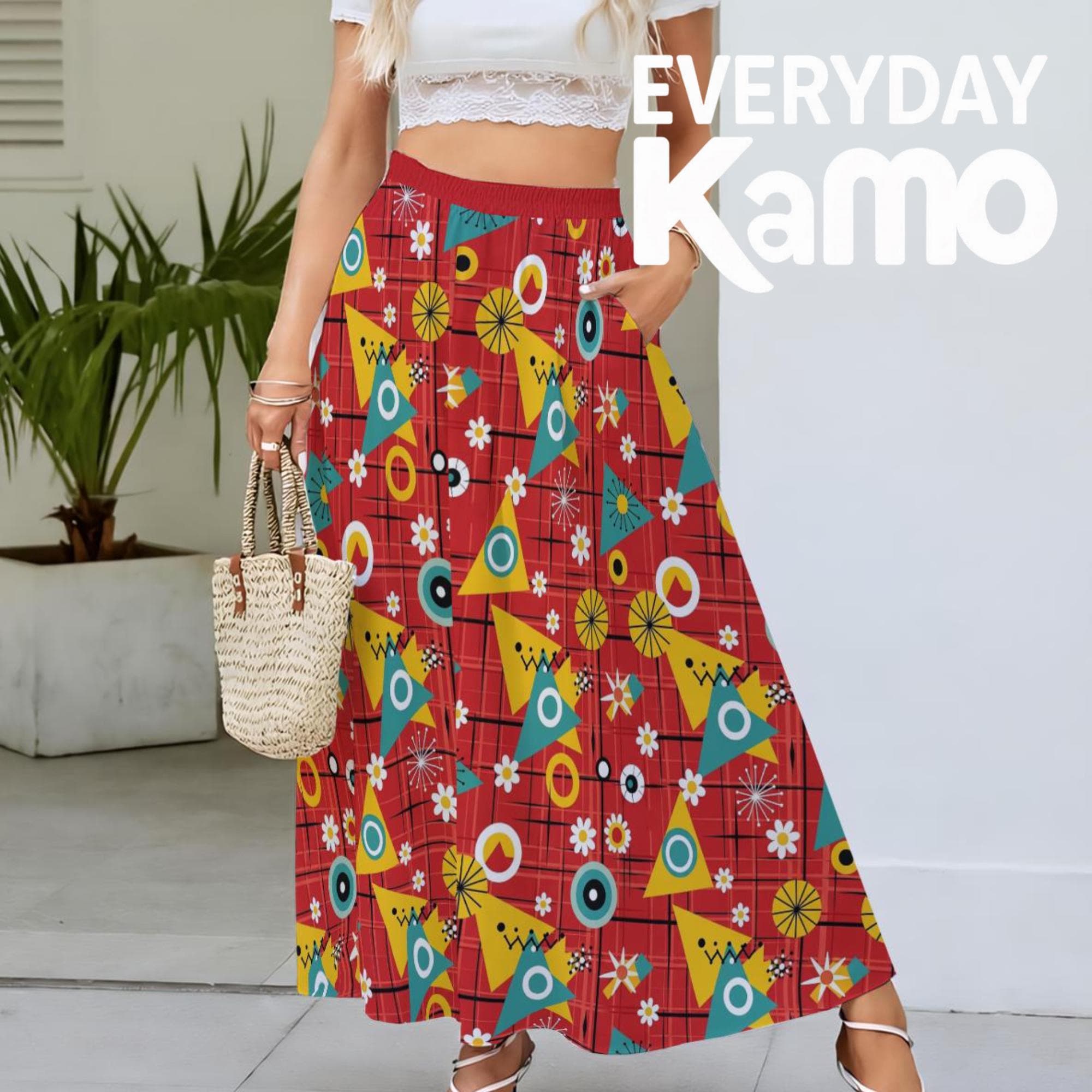 Red Geometric Maxi Skirt with Pockets | Retro Boho Elastic Waist