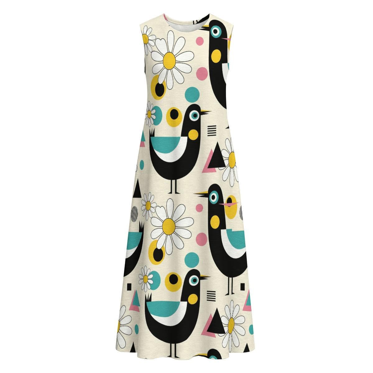 Cotton Slub Bird Daisy Print A-Line Midi Dress | Sleeveless Summer Beach Dress