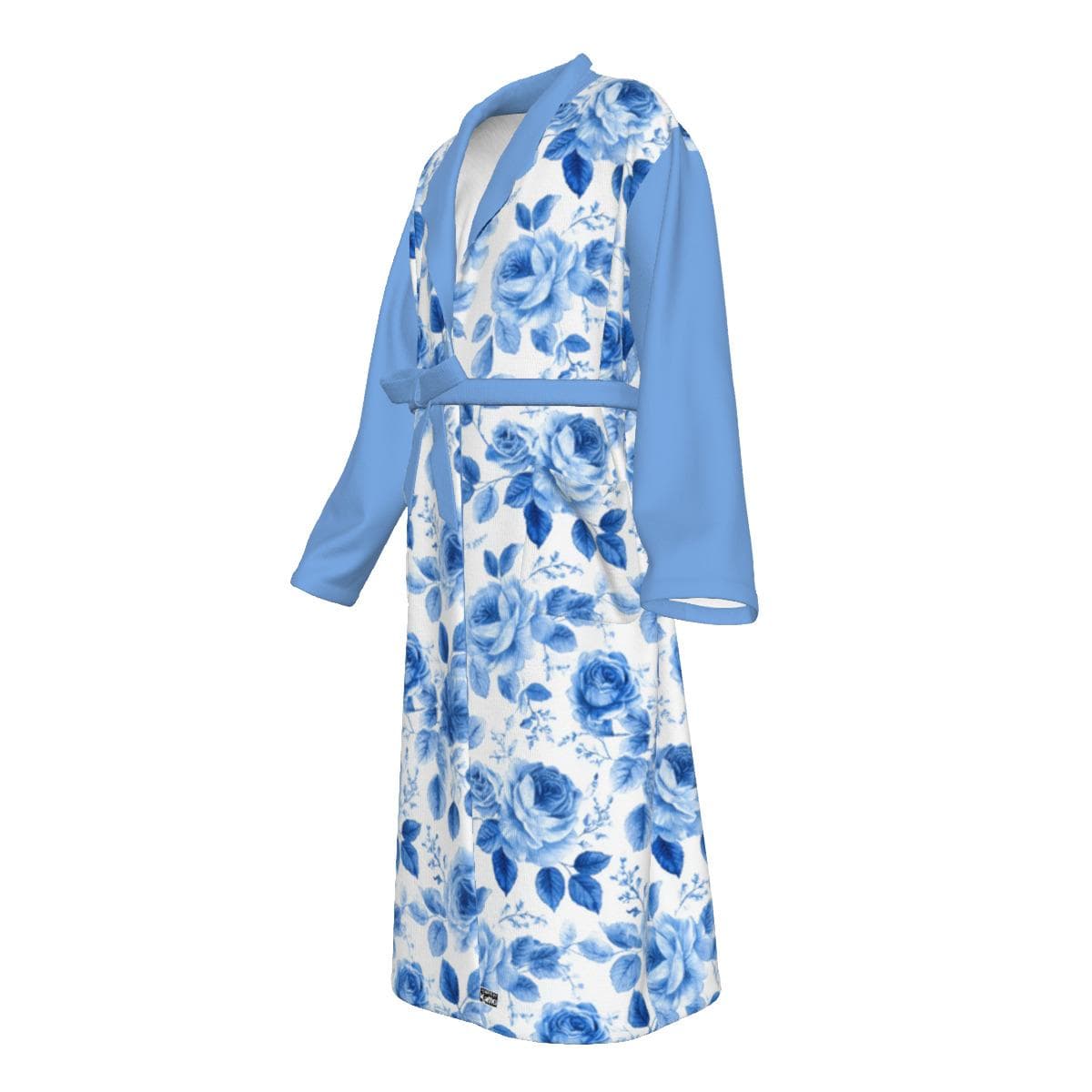Blue Rose Floral Jersey Robe | Women's Cozy Loungewear Bathrobe with Pockets & Tie
