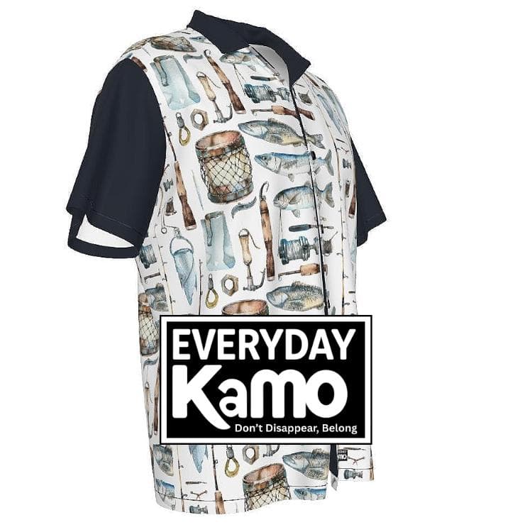 Men's Fishing Pattern Hawaiian Shirt | Angler's Aloha Camp Shirt | Lightweight Summer Beachwear