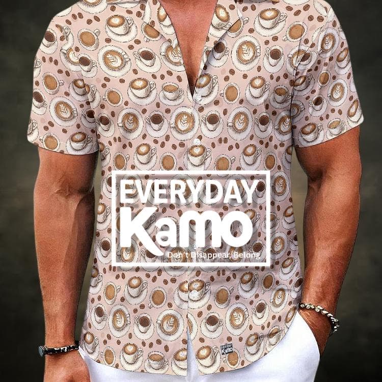Men's Coffee Lover Hawaiian Shirt | Latte Art & Coffee Bean Print Casual Button-Up | Breathable Summer Vacation Top