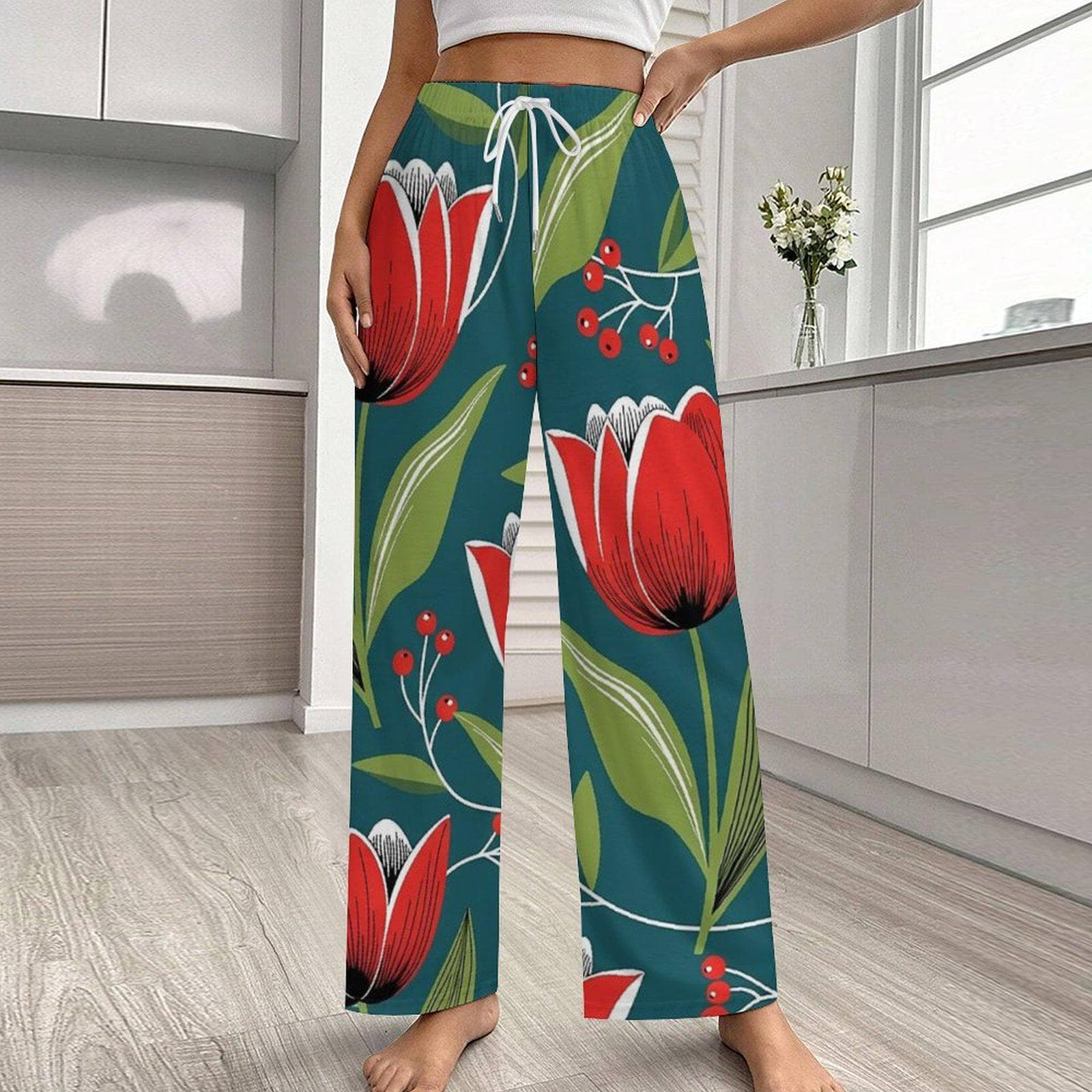 Vibrant Red Tulip Cotton Pajama Pants for Women | Soft Floral Wide Leg Lounge Wear | Breathable Sleep PJs | Cozy Gift
