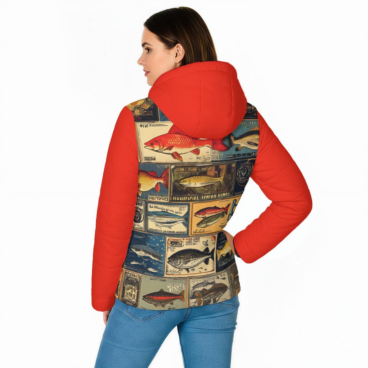 Vintage Fish Print Puffer Jacket – Women's Hooded Winter Coat