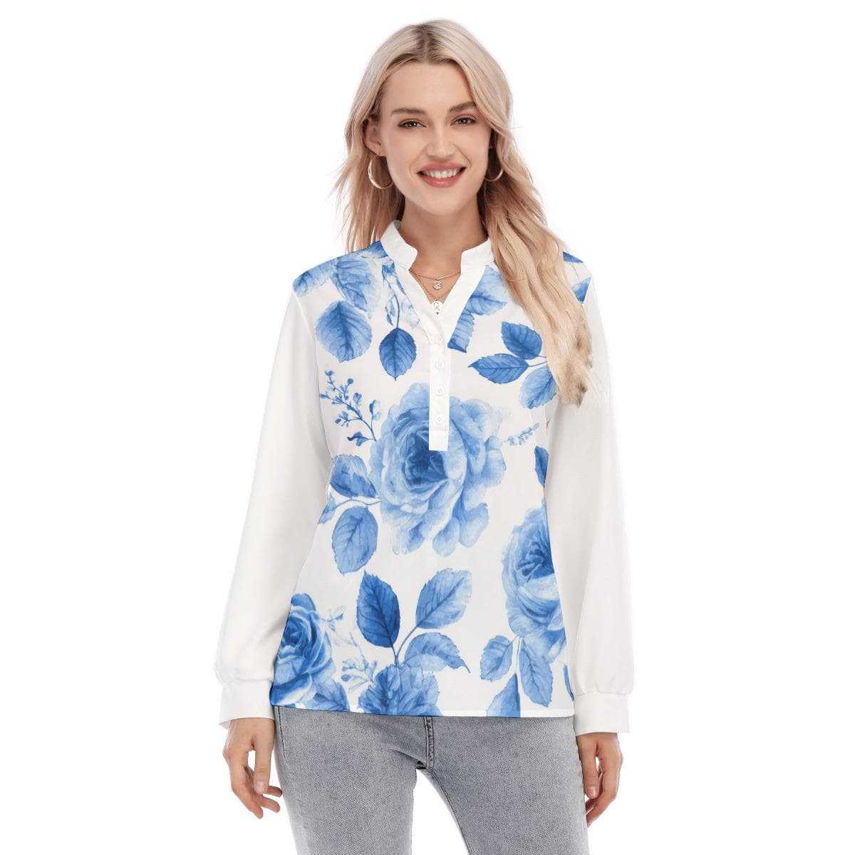 Blue Rose Floral Henley Blouse | Women's Long Sleeve Top