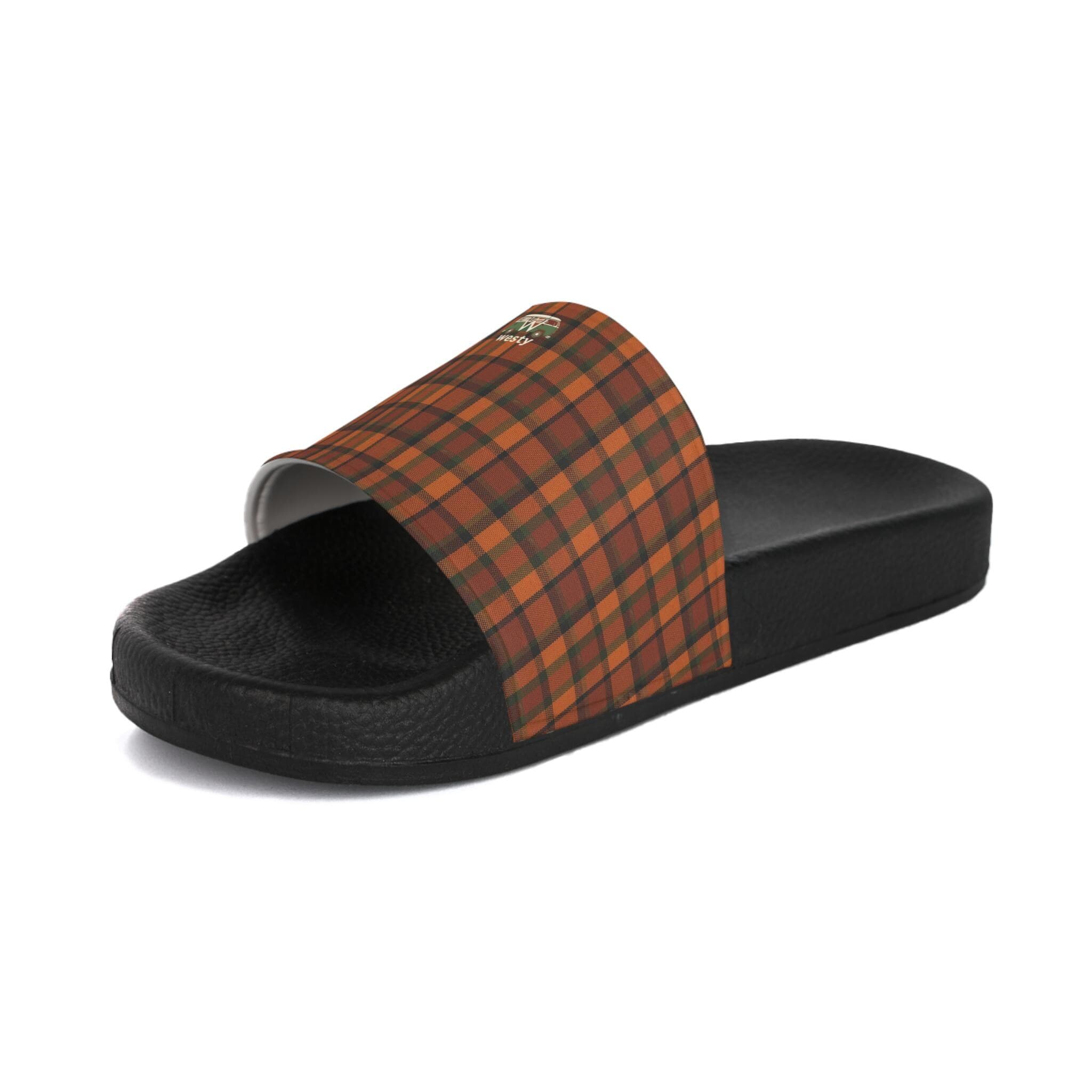 VW Microbus Slide Sandals, Retro Orange Plaid, 70s Hippie Style